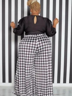 High Waist Houndstooth Print Floor Length Wide Leg Bottoms