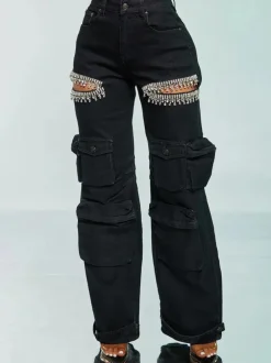 Hollow Rhinestone Multiple Pockets Denim Jeans