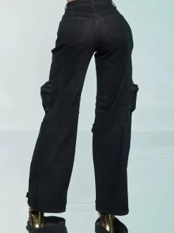 Hollow Rhinestone Multiple Pockets Denim Jeans