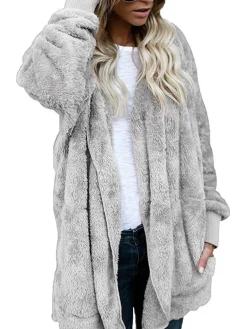 Hooded Cardigan Fluffy Fleece Coat Open Front Jacket