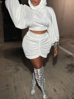 Hooded Crop Top Ruched Skirt Set