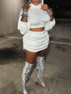 Hooded Crop Top Ruched Skirt Set