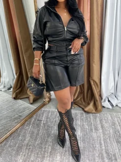Hooded PU Leather Jacket Shorts Set