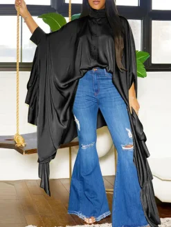 Irregular Loose Batwing Sleeve Silky Button-Up Blouse