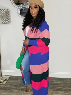 Knit Long Sleeve Color Block Bodycon Cardigan