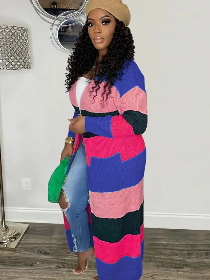 Knit Long Sleeve Color Block Bodycon Cardigan