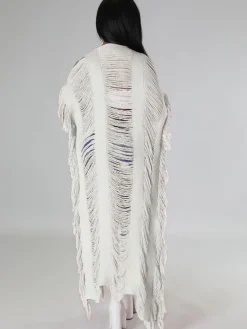 Knit Tassels Short Sleeves Long Cardigan