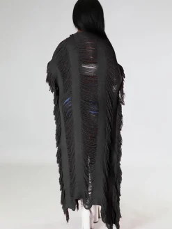 Knit Tassels Short Sleeves Long Cardigan