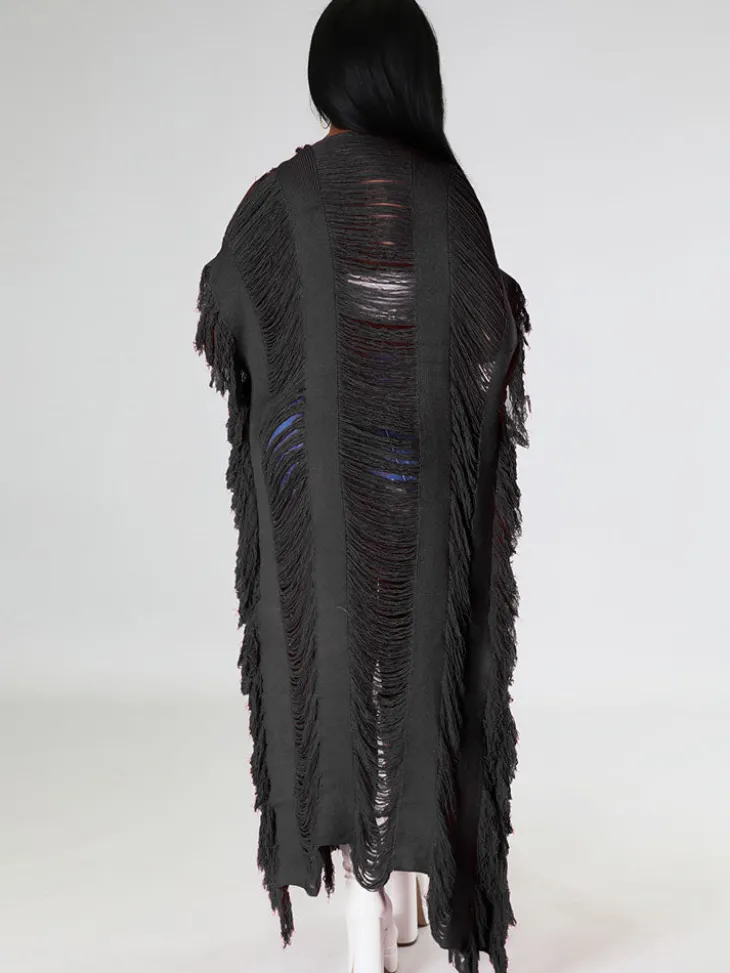 Knit Tassels Short Sleeves Long Cardigan