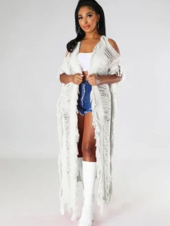 Knit Tassels Short Sleeves Long Cardigan