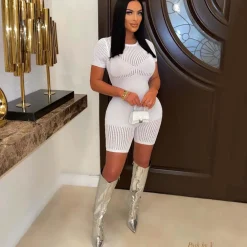 Knitted Crew neck Short Sleeve Jumpsuit