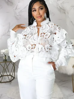 Lantern Sleeve Floral Hollow Out Top