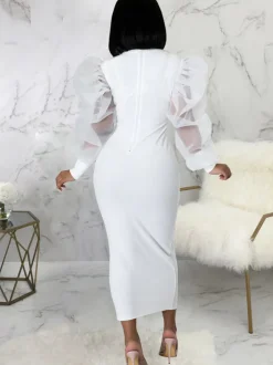 Lantern Sleeve Patchwork Bodycon Midi Dress
