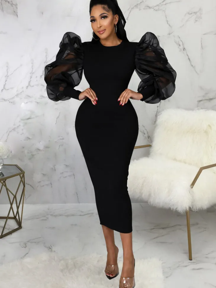 Lantern Sleeve Patchwork Bodycon Midi Dress