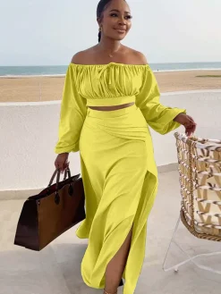 Lantern Sleeve Plus Size Two-Piece Set