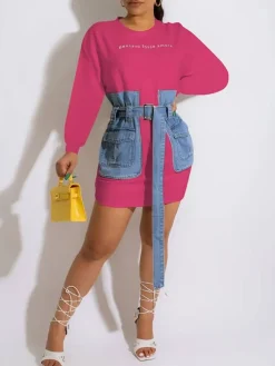 Letter Embroidery Lace-up Denim Dress