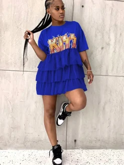 Letter Print Patchwork Tiered Layer Mesh T-shirt Dress