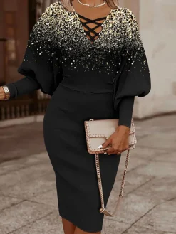 Long Lantern Sleeve Printed Midi Dress