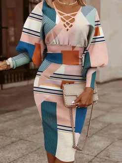 Long Lantern Sleeve Printed Midi Dress