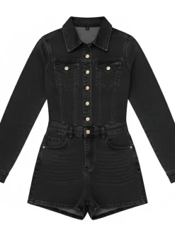 Long Sleeve Button Washed Denim Romper