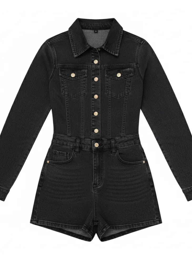 Long Sleeve Button Washed Denim Romper
