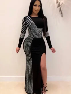Long Sleeve Hot Drilling Sequins High Split Maxi Dress