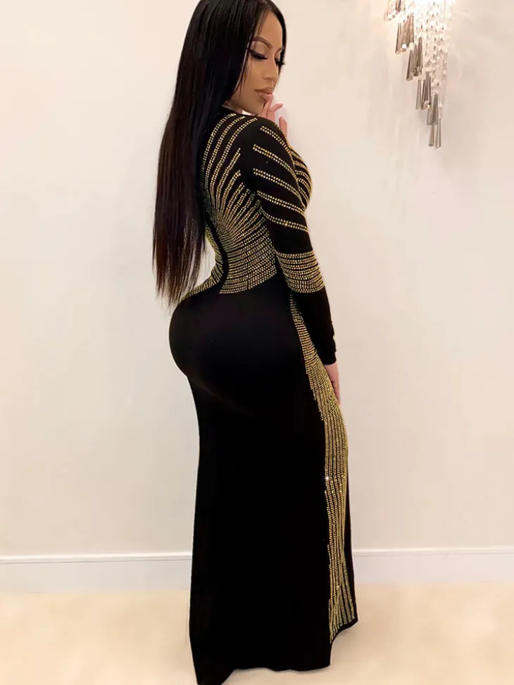 Long Sleeve Hot Drilling Sequins High Split Maxi Dress