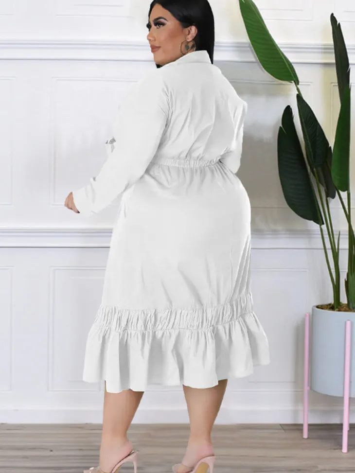 Long Sleeve Lace Up Solid Midi Dress