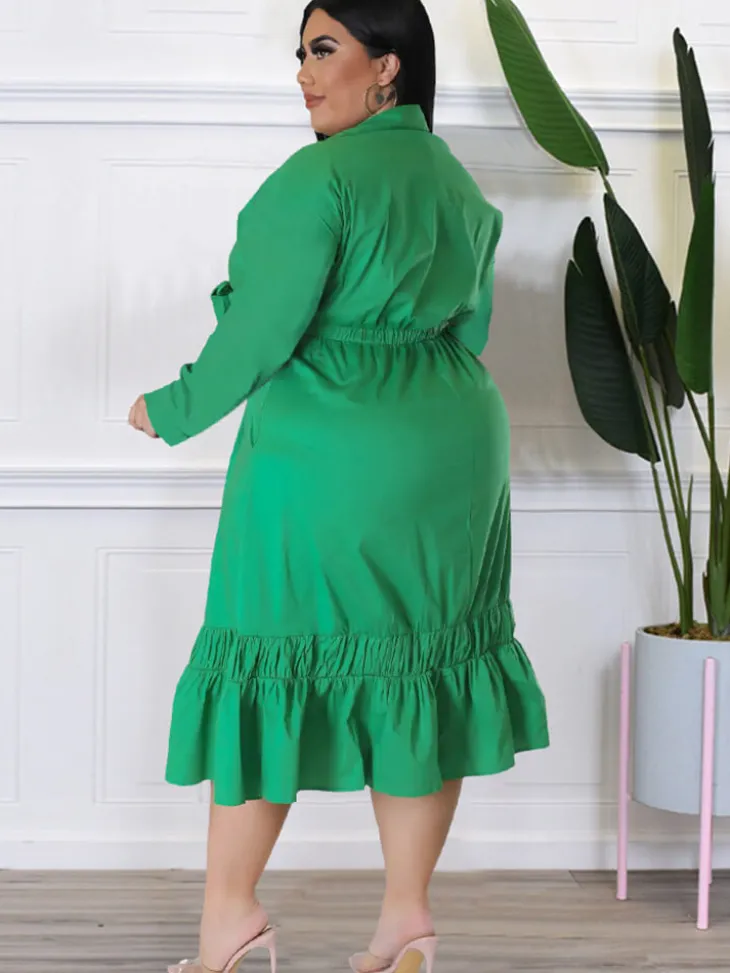 Long Sleeve Lace Up Solid Midi Dress