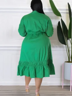 Long Sleeve Lace Up Solid Midi Dress