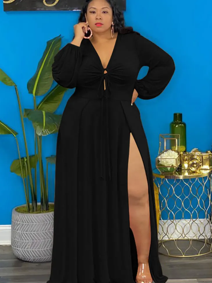 Long Sleeve Lace Up Split Maxi Dress