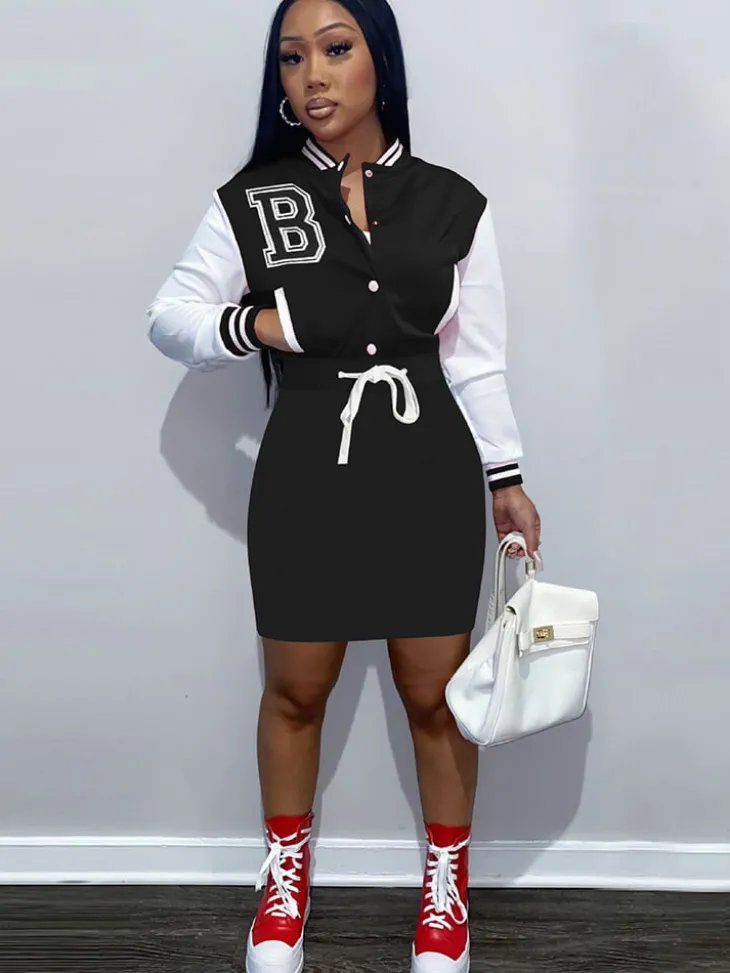 Long Sleeve Letter Print Baseball Mini Dress