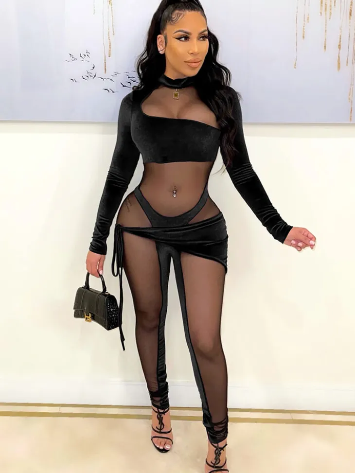 Long Sleeve Mesh Patchwork Jumpsuit