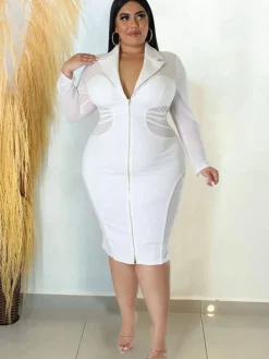 Long Sleeve Mesh Patchwork Midi Dress