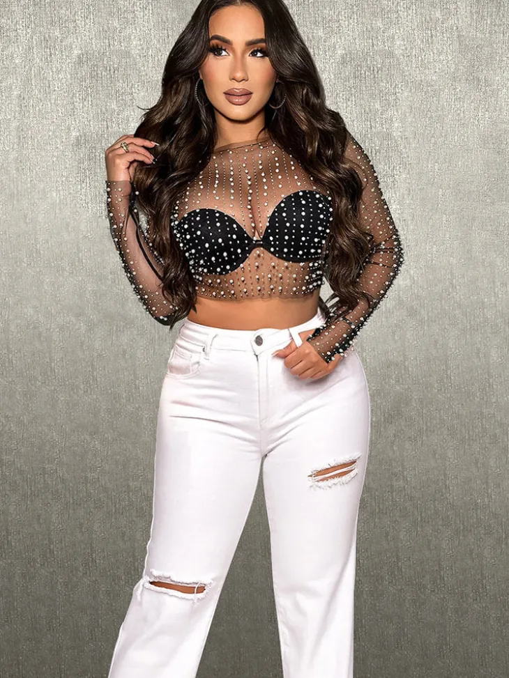Long Sleeve Mesh Rhinestone Crop Top