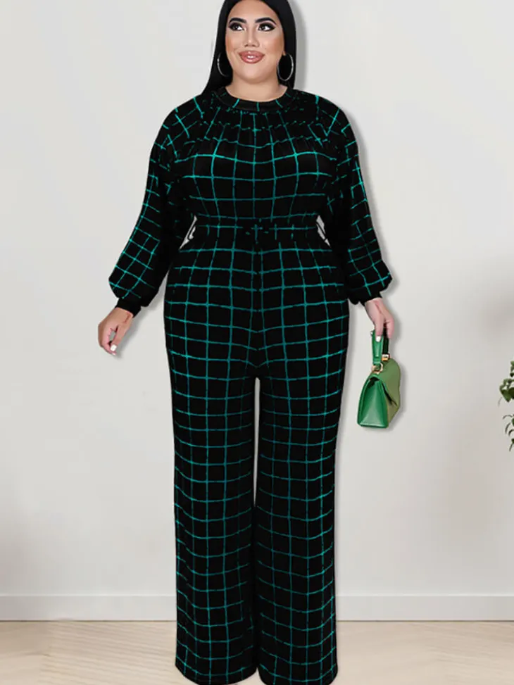 Long Sleeve Plaid Print Wide Leg Jumpsuit