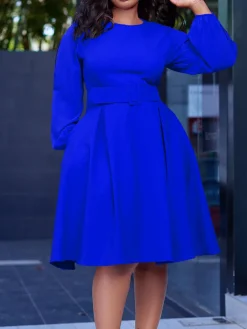 Long Sleeve Round Neck Ruched Midi Dress