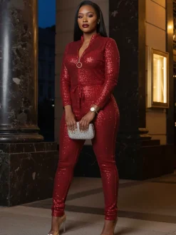 Long Sleeve Sequin Belted Jumpsuit
