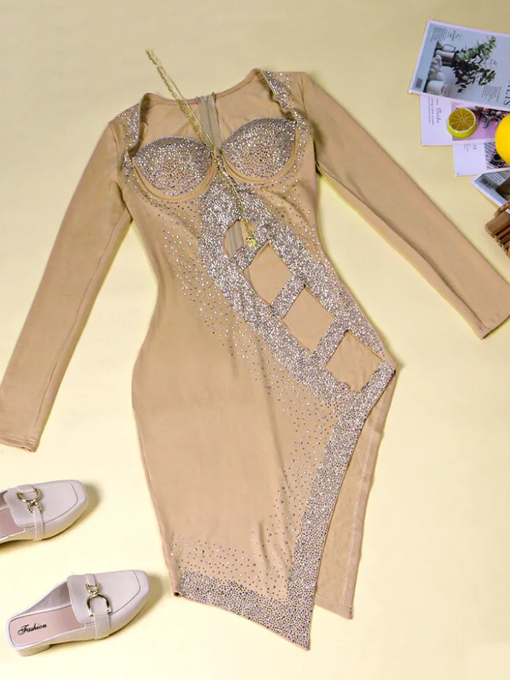 Long Sleeve Sequins Hollow Out Mini Dress