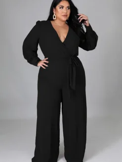 Long Sleeve Solid Bodycon Wide Leg Jumpsuit