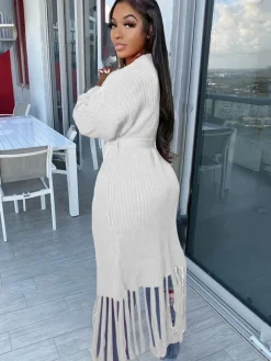 Long Sleeve Solid Color Tassel Cardigan