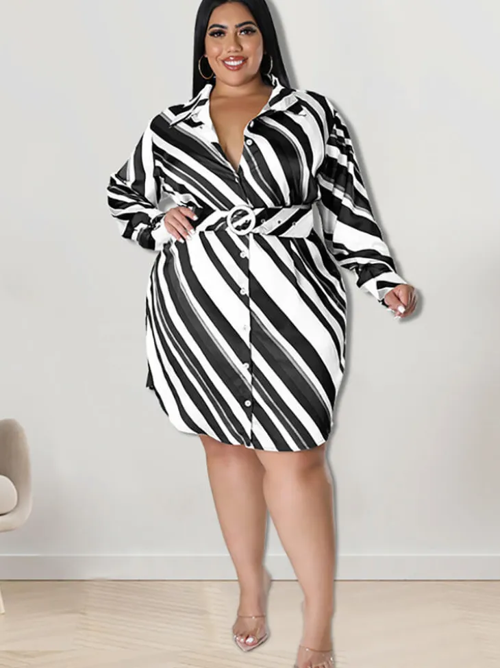 Long Sleeve Striped Mini Dress With Belt