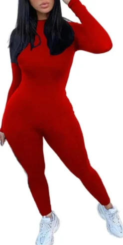 Long Sleeve Zipper Bodycon Solid Color Jumpsuit