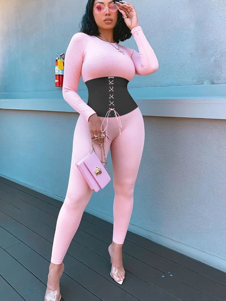 Long Sleeves Color Block Tie Up Jumpsuit
