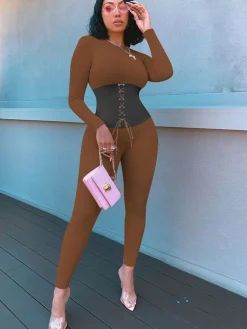 Long Sleeves Color Block Tie Up Jumpsuit