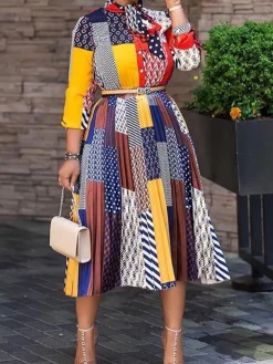 Long Sleeves Figure Print Midi Dresss