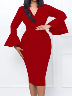 Long Sleeves Flower Patchwork Midi Dress