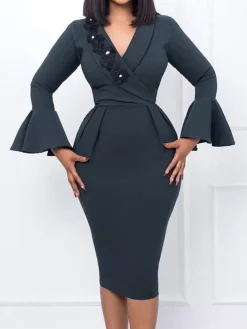 Long Sleeves Flower Patchwork Midi Dress