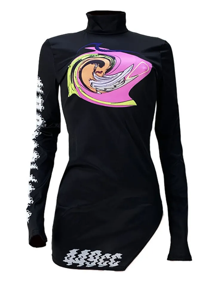 Long Sleeves Print Side Split Mini Dress