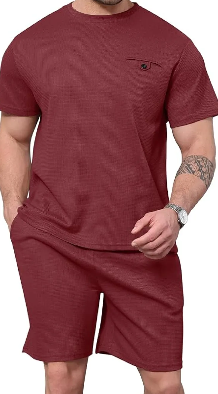 Mens Two Pieces Waffle Top Shorts Set